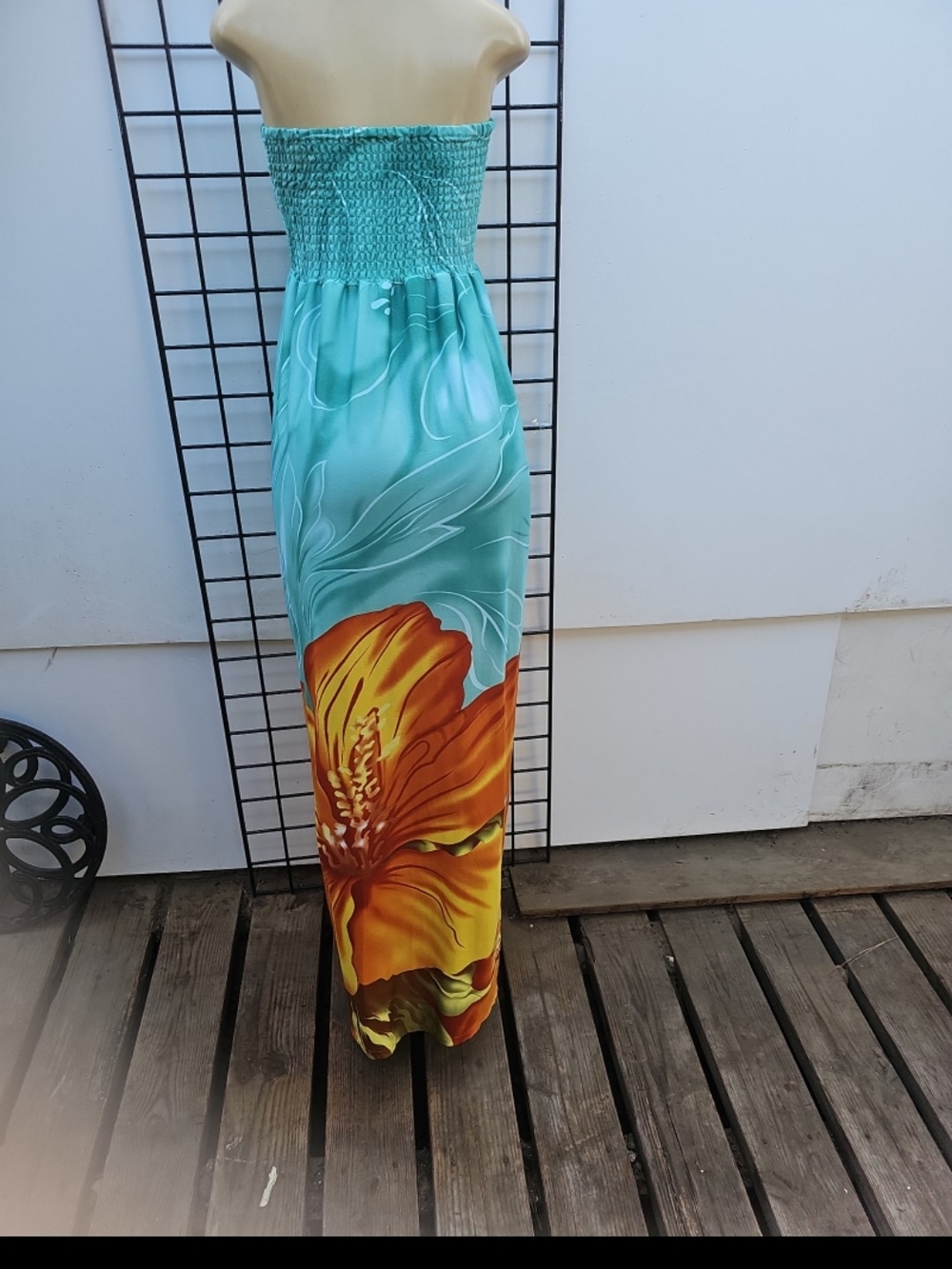 S.L. Fashions Strapless Aqua Maxi Dress with Orange Floral Print - Picture 4 of 5